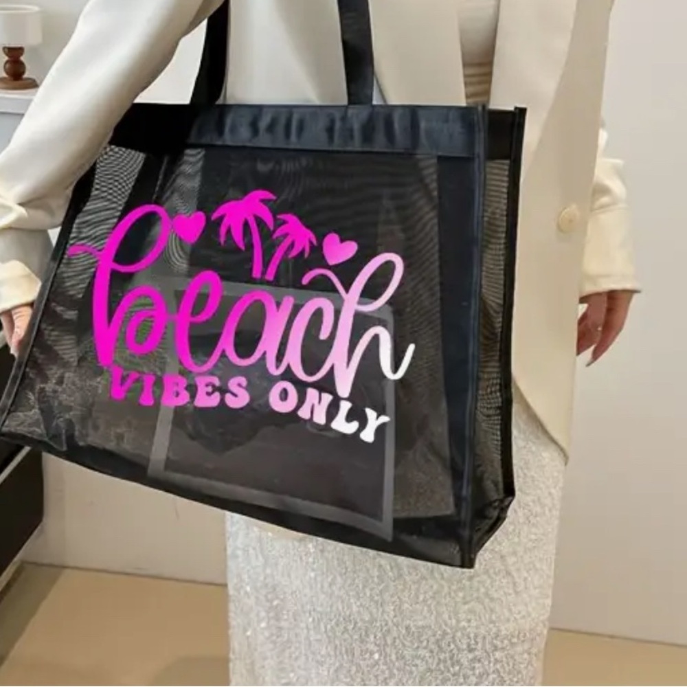 Black Mesh Tote Bag with Pink 'Beach Vibes Only' Design